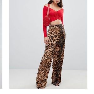 NWT PrettyLittleThing Satin Leopard Wide Leg Pants